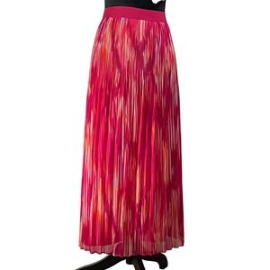 Pleated Maxi Skirt Pink Orange Ikat Print Elastic Waist 20W spring colorful